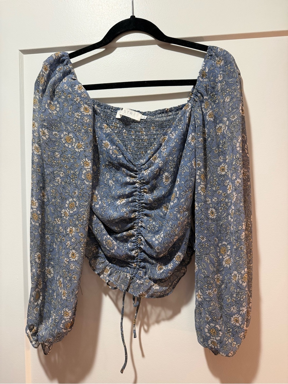 Astr Blue Floral Ruched Long Sleeve Peasant Top
